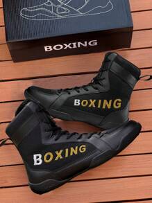 TOLLN Zapatillas de lucha de caña alta para hombres, zapatos de boxeo de nivel profesional, botas de entrenamiento para Muay Thai, Kickboxing, MMA y acondicionamiento físico - Negro - Ver 1
