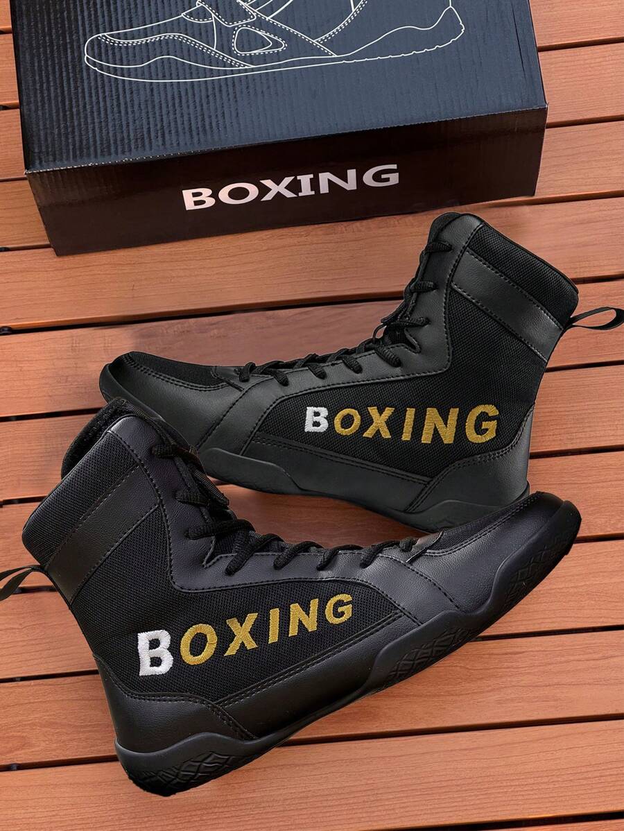 TOLLN Zapatillas de lucha de caña alta para hombres, zapatos de boxeo de nivel profesional, botas de entrenamiento para Muay Thai, Kickboxing, MMA y acondicionamiento físico - Negro - Ver 1