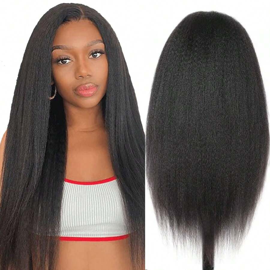 4*4 Lace Closure Kinky Straight Human Hair Wigs 180% Density 4*4 Swiss Lace Yaki Straight Wig Brazilian Human Hair Wigs For Women - Natural Black - 查看 1