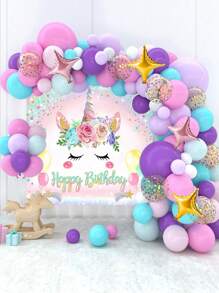 93pcs/Set Pink Purple Unicorn Birthday Balloon Backcloth Set, Balloon Set Perfect For Birthday Party Wall Background, Decorative Balloon Arch Kit, Birthday Gift Party Favor, Birthday Decor Birthday Balloon, Unicorn Decor, Ladies' Birthday Decoration, Including 89pcs Pink Purple Confetti Balloon &1pc Unicorn Birthday Background & 1pc Unicorn Tablecloth Table Cover & 2pcs Balloon Accessory