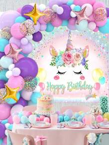 93pcs/Set Pink Purple Unicorn Birthday Balloon Backcloth Set, Balloon Set Perfect For Birthday Party Wall Background, Decorative Balloon Arch Kit, Birthday Gift Party Favor, Birthday Decor Birthday Balloon, Unicorn Decor, Ladies' Birthday Decoration, Including 89pcs Pink Purple Confetti Balloon &1pc Unicorn Birthday Background & 1pc Unicorn Tablecloth Table Cover & 2pcs Balloon Accessory