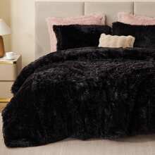 Shaggy Faux Fur 2/3 Pieces Bedding Comforter Set,Modern Casual Ultra-Soft Fluffy With Matching Sham,All-Season Home Textile For Contemporary Bedrooms,2-Piece Set For Twin/Twin XL Size,3-Piece Set For Full-Queen-King-Cal King Size,UGG & Labubu Touch,Halloween Christmas Thanks Giving Gifts - Black - View 2