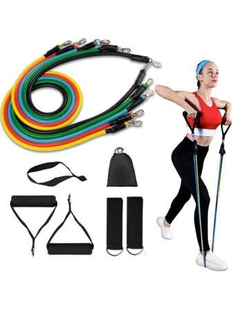11 合 1 多功能健身拉力绳 5 管弹力瑜伽踏板拉力器阻力带拉力绳用于拉伸腹部训练，适合男女家庭室内外力量、体能训练、健身家用健身器材健身房配件