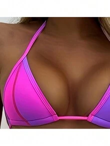 Vacation Beach Gradient Lace-Up Halter Sexy Bikini Set - Multicolor - View 3