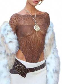 Women Rhinestone Tshirt Bodysuit Slim Knitted See Through Long Sleeve Romper Tops With Thumb Holes For Party Club - 淺棕色 - 查看 2