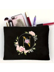 Golden Letter Floral Makeup Tote Bag - Black Polyester Zipper Bag, First Letters A-Z For Teacher Appreciation And Bridesmaid Gifts, Large Reusable Travel Storage Box, Women's Simple Large Capacity Travel Makeup Bag - Black - View 27