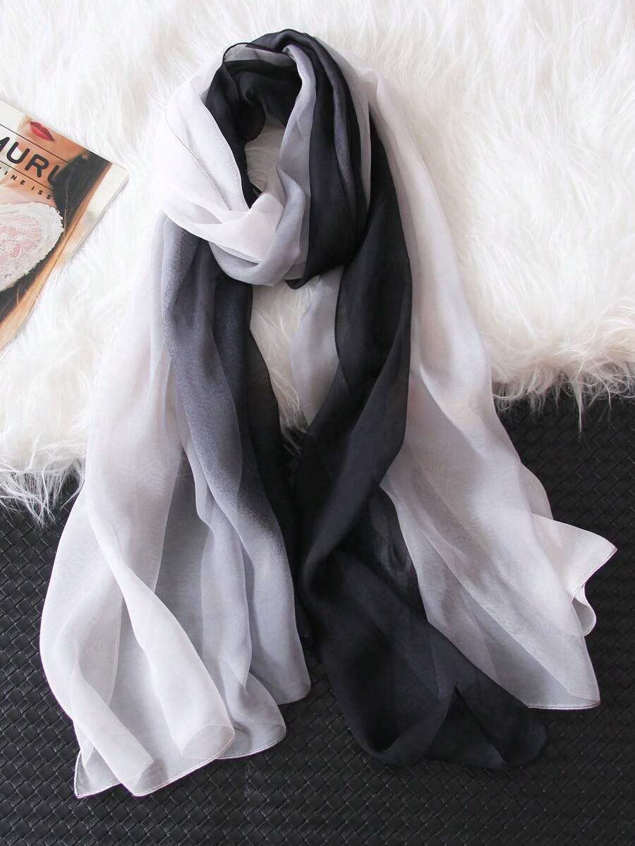 1pc Women Rainbow Gradient Color Chiffon Scarf, Versatile Lightweight Long Shawl & Wrap - Black, White and Gray - View 1