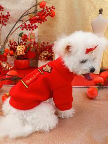 1pc Pet Clothes, Dog/Cat Apparel For Small Dogs & Puppies, Cute Chinese New Year Red Jacket