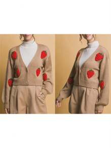 Women's Crop Cardigan Sweater Strawberry Embroidery Button Down V Neck Long Sleeve Knit Sweater Jacket For Fall Spring - Khaki - View 6