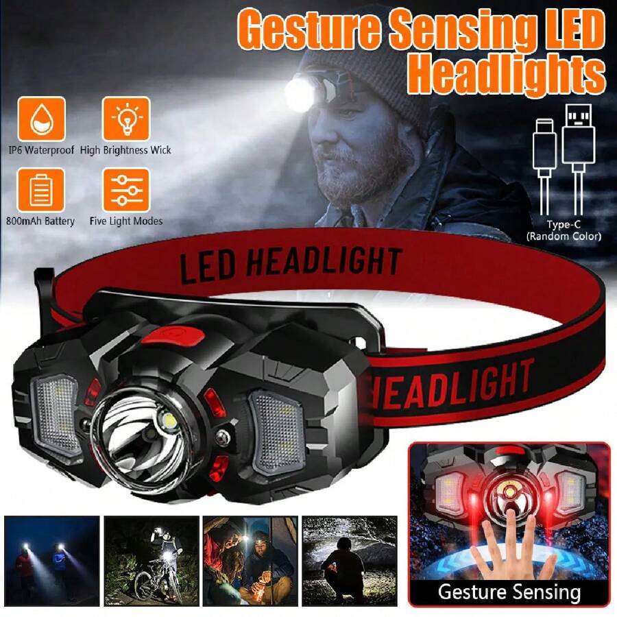 1/2x Sensor LED+COB Headlamp Head Torch Rechargeable Headlight Lamp Super Bright - Red - View 1