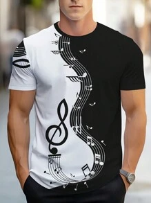 Men's Music Note Printed Short Sleeve Casual T-Shirt, Summer - Black and White - View 1