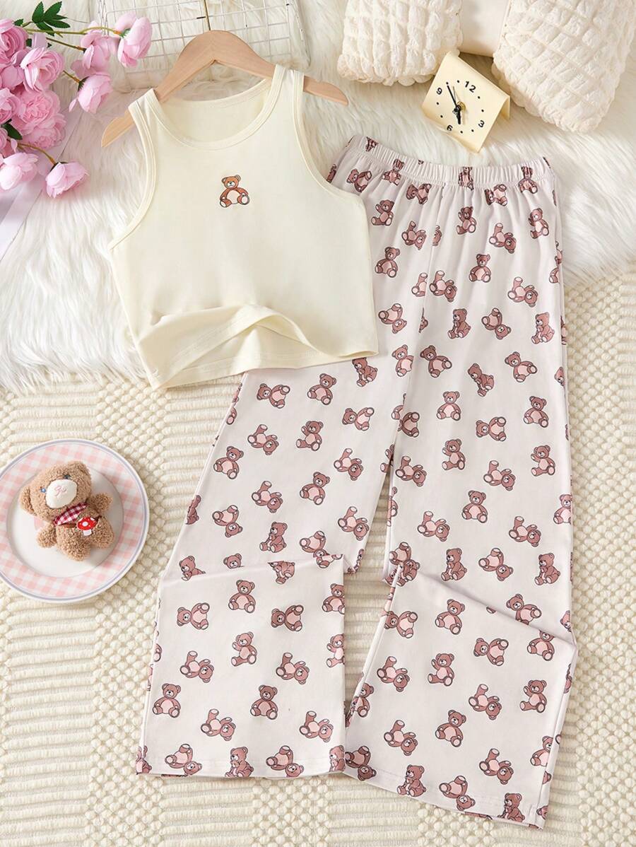 2pcs/Set Girls Casual Minimalist Pajama Set, Including 1pc Teddy Bear Print Camisole And 1pc Teddy Bear Print Loose Pants, Suitable For Spring/Summer Wear At Home - Apricot - View 1