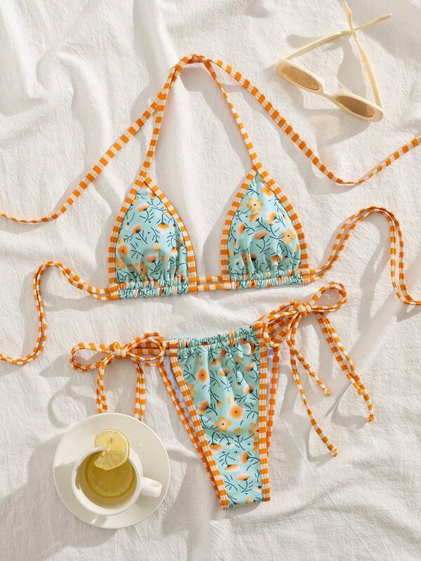 New Soft Fabric Printed Tie Neck Spaghetti Strap Bikini Set, Elegant Party & Beach Fashion Swimwear For Women, For Summer Vacation