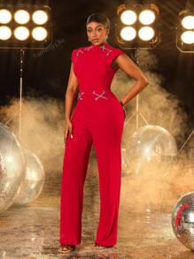 Faeriesty Solid High-Neck Cap Sleeves Party Jumpsuit With Chain Details