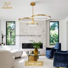 3-Ring Chandelier, 55W Remote Control LED Chandelier For Dining Room Kitchen Island Dimmable Ceiling Hanging Pendant Light Fixture (3 Rings-Dia 19.7"/15.7"/11.8") - 金色 - 查看 5