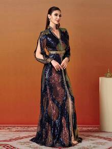 女士随机印花长袖舞会礼服黑色优雅正式晚会婚礼宾客礼服，适合毕业典礼、晚宴派对礼服 - 黑色 - 查看 4