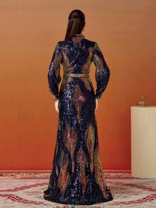 女士随机印花长袖舞会礼服黑色优雅正式晚会婚礼宾客礼服，适合毕业典礼、晚宴派对礼服 - 黑色 - 查看 3