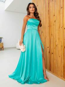 LONG BRIDESMAID PARTY DRESS WITH SATIN SLIT - Blue - View 1