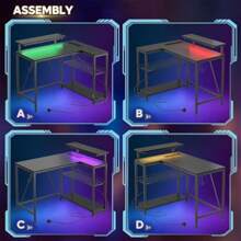 L Shaped Desk With Power Outlets LED Lights Compact Corner Desk Shelves Reversible Computer Desk Hooks For Home Office Bedroom Small Space 106.5CM - CarbonFiber-106.5CM - View 9