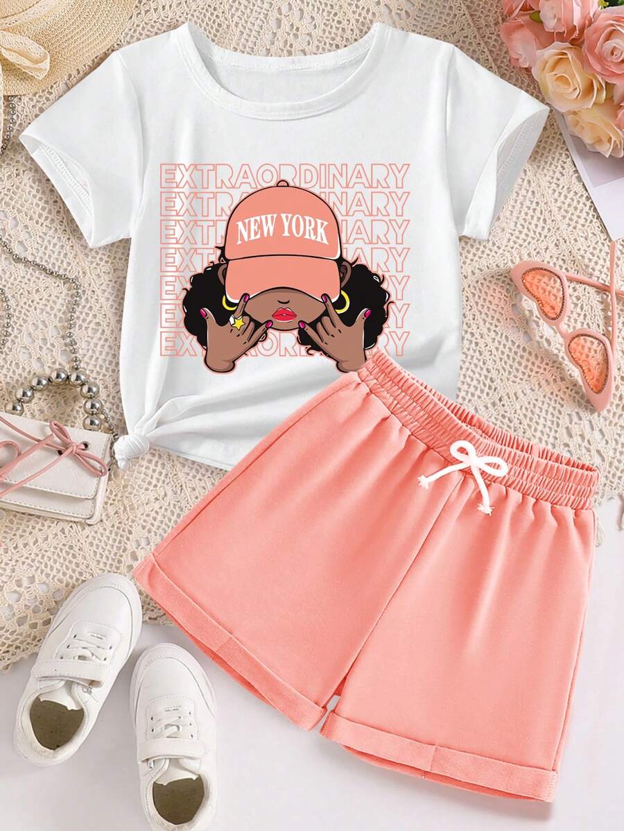 Tween Girls Cartoon Print Short Sleeve T-Shirt And Shorts - 白色 - 查看 1
