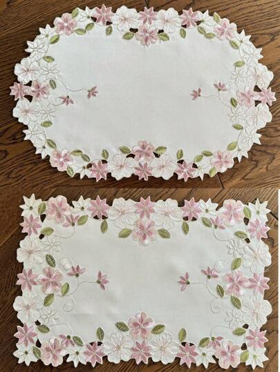 4pcs Floral Embroidered Placemats, Polyester Fiber Rectangle & Oval Shape Handmade Cutout Heat Insulation Placemats, Suitable For Dining Table, Coffee Table, Everyday Home Use And Wedding Party Holidays