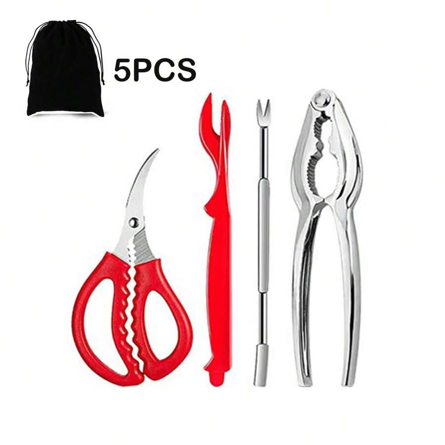 5pcs Seafood Tool Set With Lobster Sheller Stainless Steel Crab Crackers Crab Leg Fork Seafood Scissors And Storage Bag, Crab Leg Pick Utensils Set Crab Eating Tools