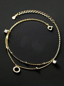 1pc Minimalist Luxurious Double Layered Geometric Circle Rhinestone Anklet, Suitable For Valentine's Day And Daily Wear - Yellow Gold - View 3