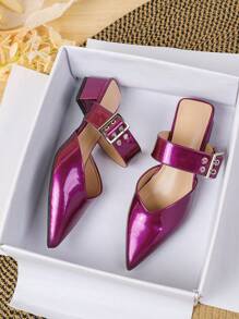 Tacones altos de color morado oscuro de dedo cerrado para mujer, tacón grueso, punta afilada, diseño sencillo y elegante, decoración con hebilla, tallas grandes del 41 al 43, para primavera/otoño - morado oscuro - Ver 5