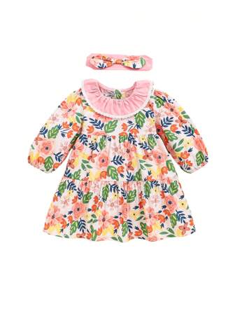 优质分层圆领蕾丝拼接碎花女童连衣裙（带发饰）