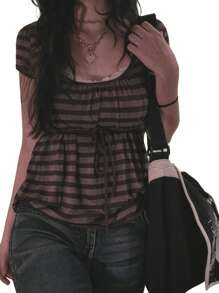 Women Summer A-Line Tops Short Sleeve U Neck Lace Trim Tie Up Striped T-Shirts - màu đen - Xem 2