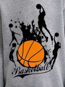 Sports Style Youthful Vitality Basketball Player Silhouette Basketball Print Boy Flower Gray Drop Shoulder Sweatshirt Curve Oversize Sweatshirt Casual All-Match Autumn And Winter Thick Fabric Warm Fleece Lining Round Neck Sweatshirt Loose Street College Style Long Sleeve Suitable For Cold Weather Clothing Containing Cotton Children's Clothing Plus Velvet Comfortable