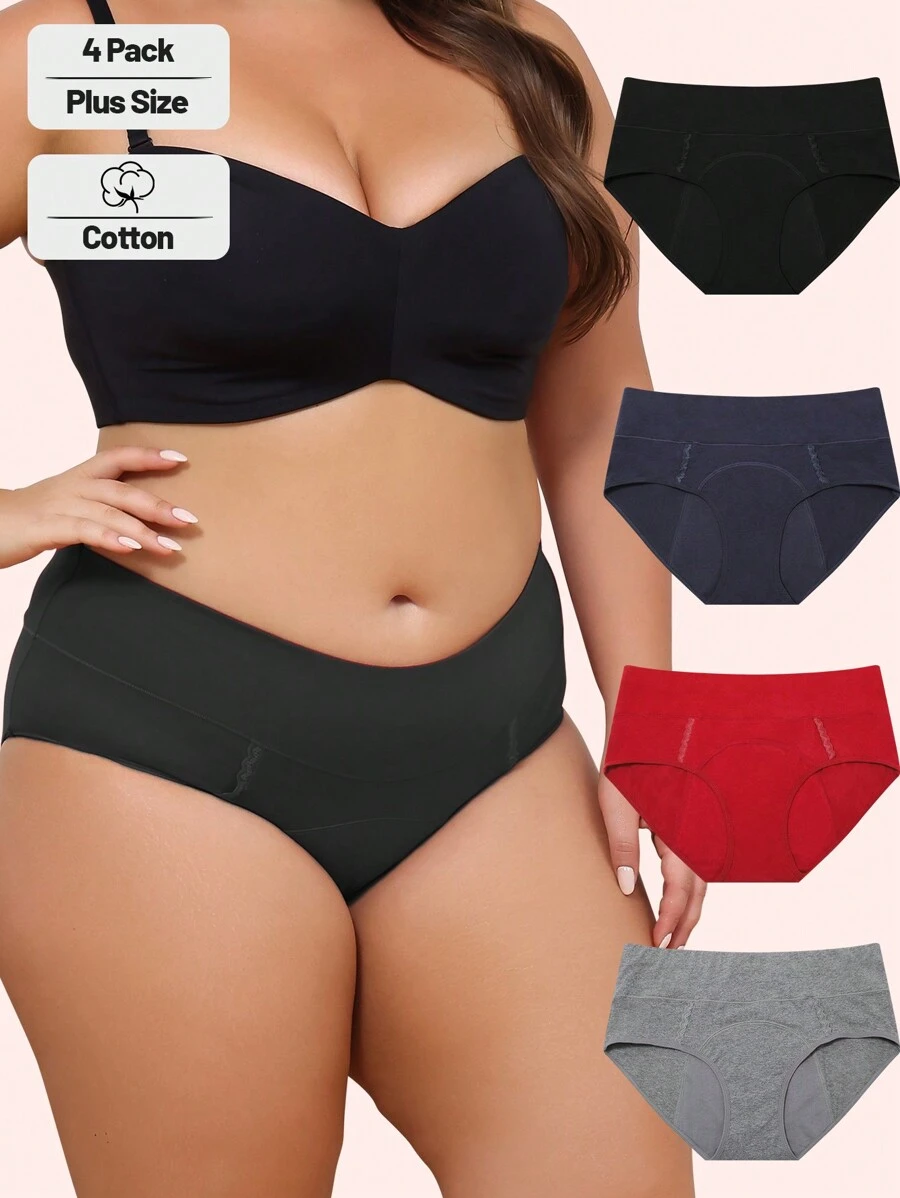 4 Pcs Plus Size Cotton High Waisted Women's Menstrual Period Panties Comfortable Breathable Briefs