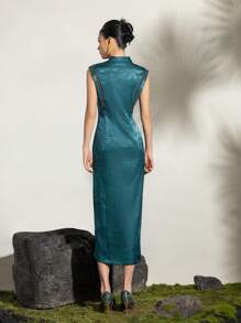 无袖表盘扣提花花卉图案开叉大腿新款中式旗袍连衣裙 - 藍色 - 查看 3