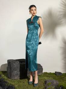 无袖表盘扣提花花卉图案开叉大腿新款中式旗袍连衣裙 - 藍色 - 查看 6