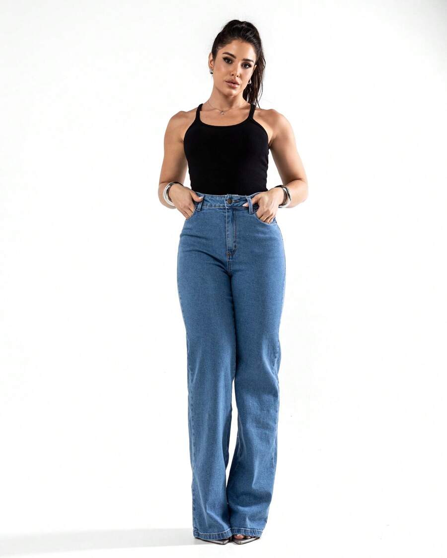 Wide Leg Jeans With Elastane - 中等水洗藍 - 查看 1