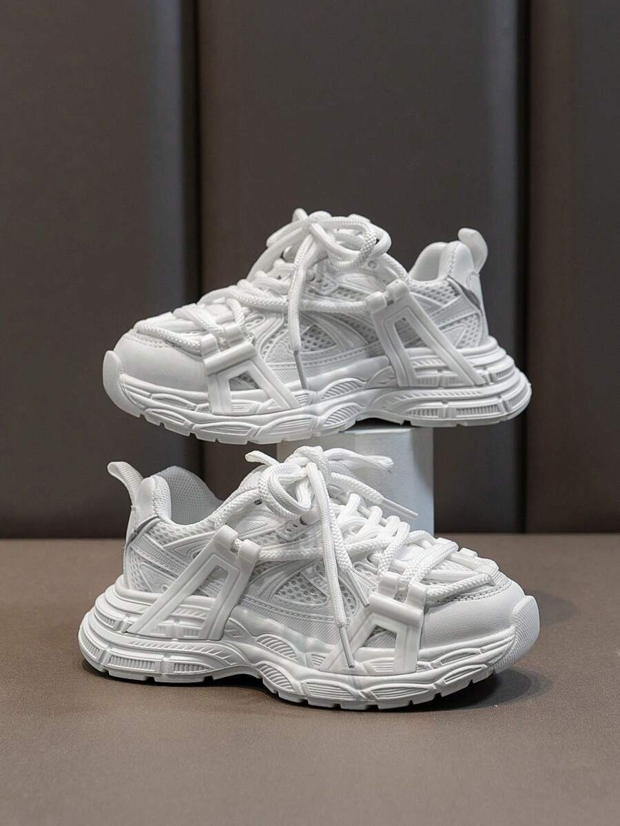 1 Pair Anti-Slip Soft Bottom Breathable Mesh Fabric Students' Everyday Sports Shoes, Suitable For Boys & Girls - White - View 1
