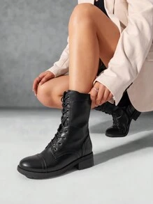 Women's Almond Round Toe Mid-Calf Boots Lace-Up Side Zipper Classic Combat Cycling Winter Military Boots  Riding Winter Festival Christmas Black Boots - ĐEN/PU - Xem 3