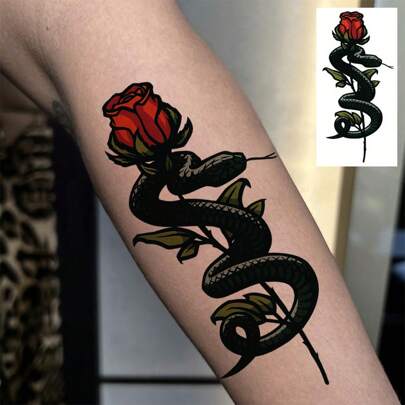قطعة واحدة من الوشم المؤقت على شكل ثعبان زهري، رمز للحكمة والغموض والقوة، مقاوم للماء وطويل الأمد، مناسب للرجال والنساء، مثالي لحفلات هالوين