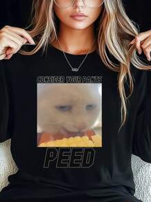Camiseta de mujer de talla grande con diseño estampado divertido de gato y texto humorístico, de manga larga, cuello redondo, corte holgado, para uso casual y urbano