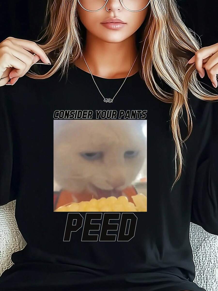 Camiseta de mujer de talla grande con diseño estampado divertido de gato y texto humorístico, de manga larga, cuello redondo, corte holgado, para uso casual y urbano