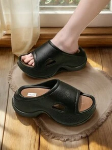 Sandalias de plataforma de verano para mujer, de unicolor, de moda vacacional, de playa casual, de estilo retro, para pareja, fiesta y uso en exteriores y en casa, con tacón alto - Negro - Ver 3