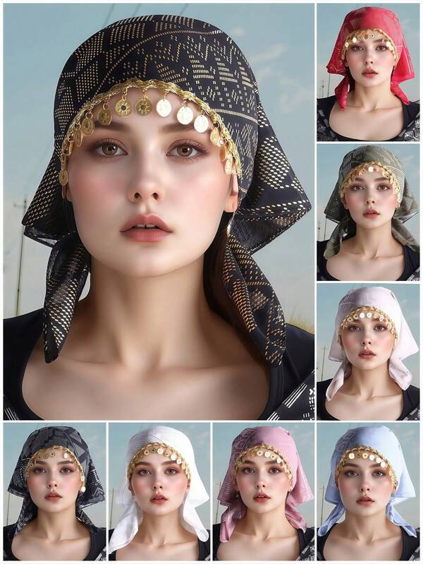 Élégant foulard imprimé pour femme hijab avec perles dorées et chaîne faite main, coiffe triangulaire convenant pour différents thèmes, cache-tête léger, cadeau de nouvel an