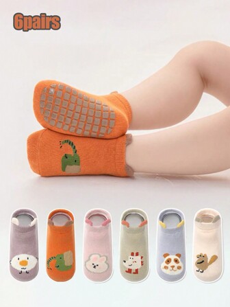 6 双卡通动物婴儿袜子，防滑、吸湿排汗、透气地板袜，适合幼儿，四季皆宜
