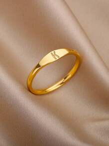 1pc European And American Style Simple Fashion Gold Stainless Steel Alphabet Ring For Men And Women, Daily Wear - Yellow Gold - View 6
