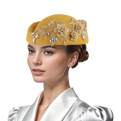 Sombreros de iglesia vintage para mujer, con apliques de flores de cristal y fieltro, tocados para fiestas de té.