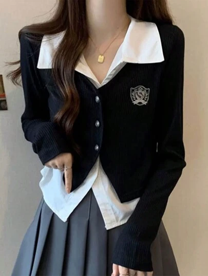 2-In-1 Polo Collar Shirt, Academic Style, Autumn