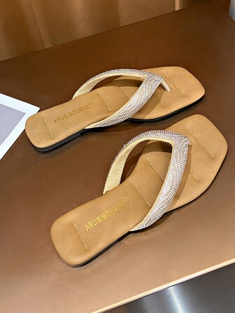 Women's Flat Thong Sandals, Rhinestone Embellished Non-Slip Beach Flip Flops