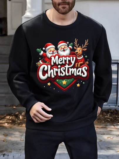 Reindeer Christmas Print Men's Round Neck Santa Claus Long Sleeve Pullover Black Sweatshirt
