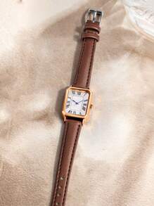 1 件女士简约奢华方形表盘石英表，罗马数字皮革表带女士腕表，适合日常搭配或赠送给朋友和爱人