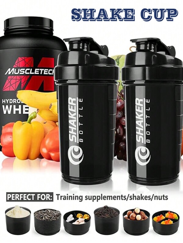 1 pieza/550ml (18.64oz) - Botella agitadora de fitness inteligente con compartimentos de triple capa y medición precisa, taza de agua deportiva de fitness con tres capas, botella de entrenamiento a prueba de fugas con acentos de color neón